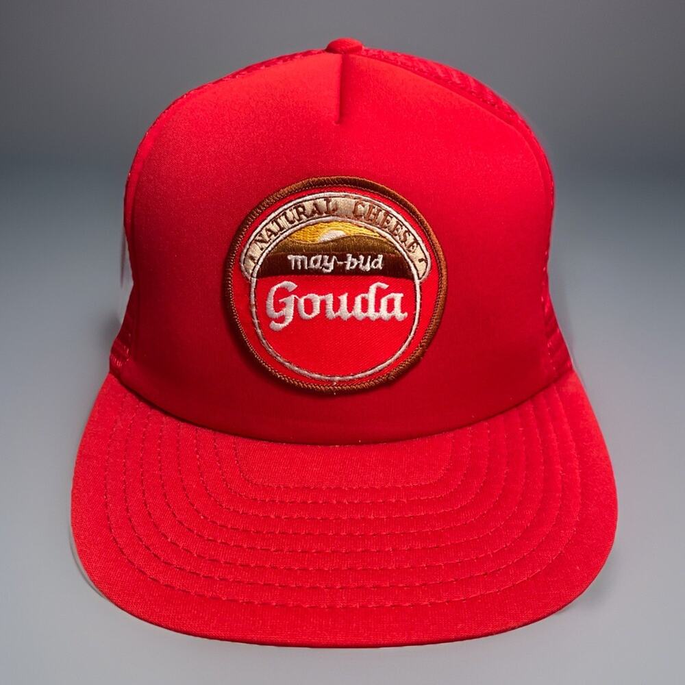Vtg May Bud Gouda Cheese Logo Hat Men's Adjustable Red Trucker Cap Rare NWOT
